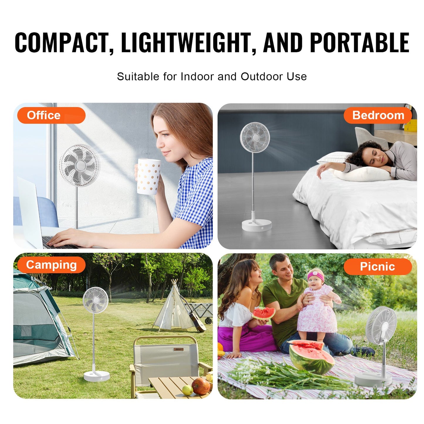 VEVOR 12" Foldable Oscillating Fan - Remote Control Rechargeable Standing Fan