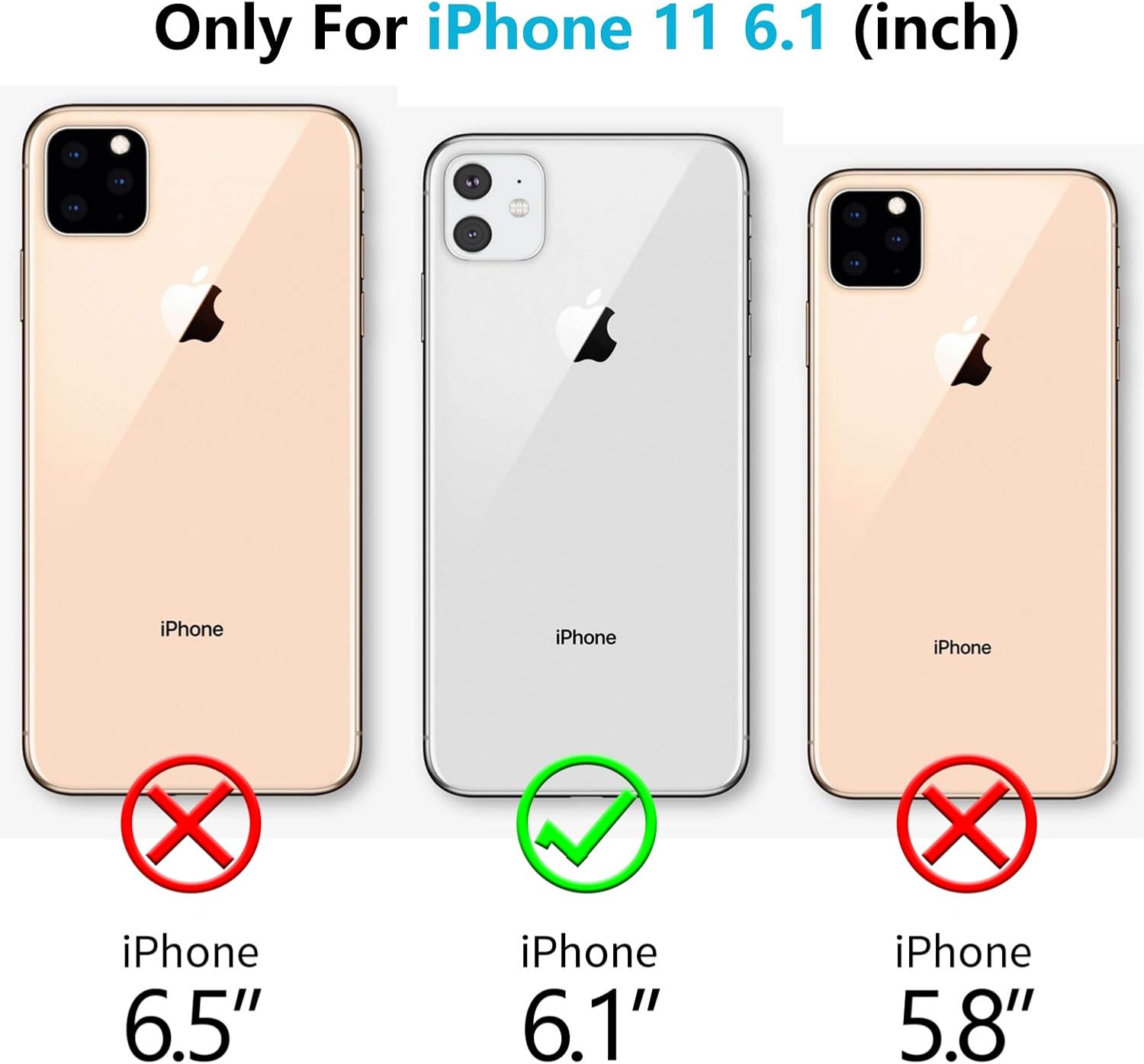 Three iPhones showing compatibility with 6.1-inch screen size only.