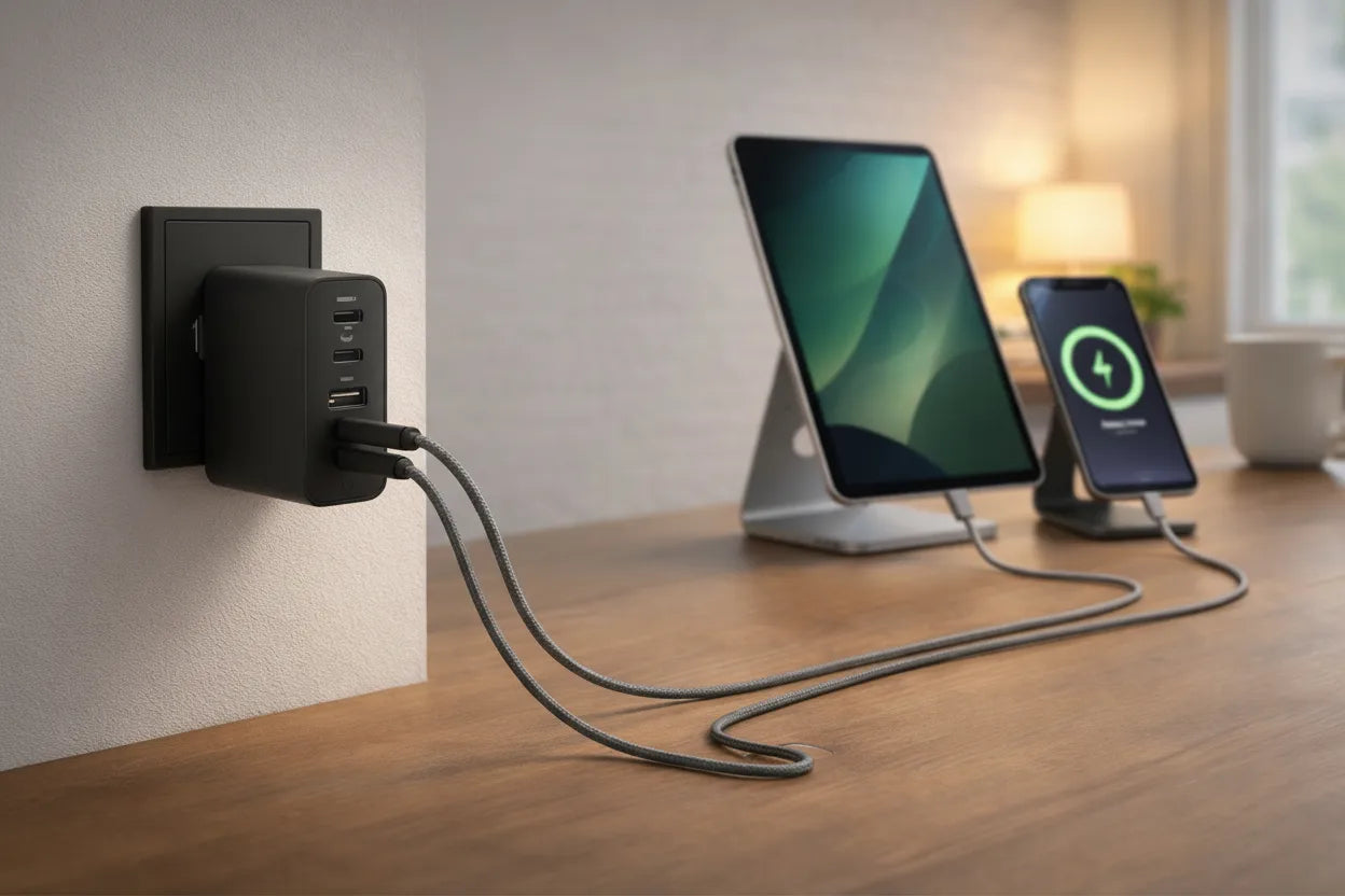 Wall-mounted power adapter with multiple outlets and USB ports, connected to a tablet and smartphone on a wooden surface.